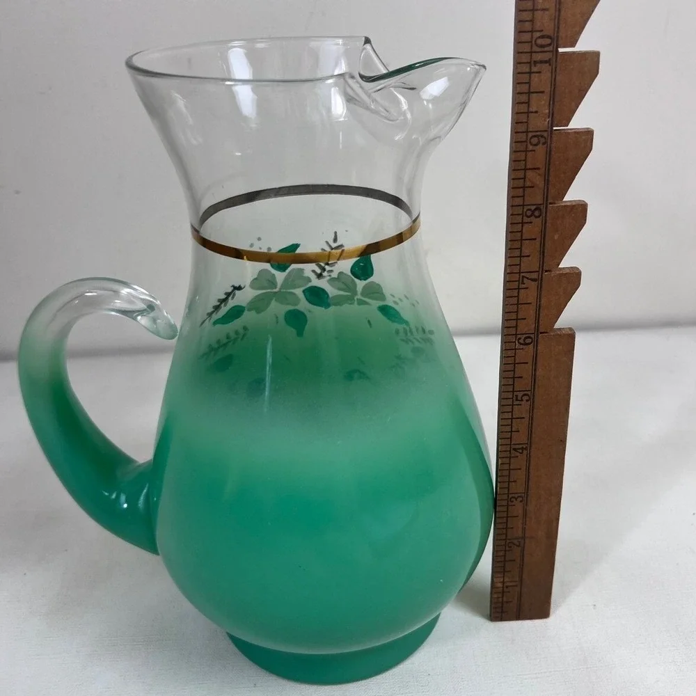 Vintage Floral Pitcher Green Ombre Glass Gold Trim Blendo?‎ West Virginia?